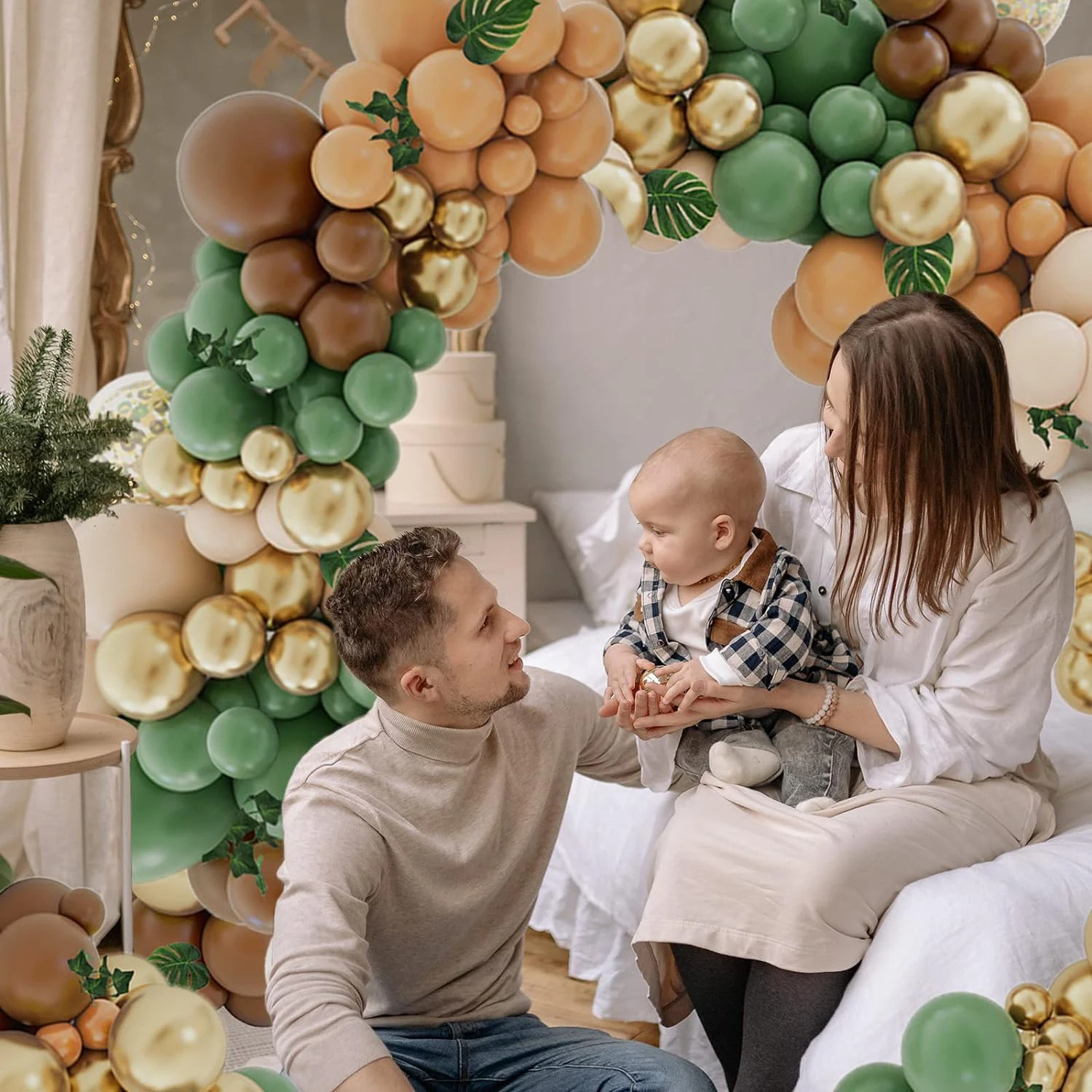 숲 야생 동물 풍선 화환 아치 세트, 등나무 야자 잎이 있는 152개 세이지 그린 골드, 생일 파티 베이비 샤워 장식