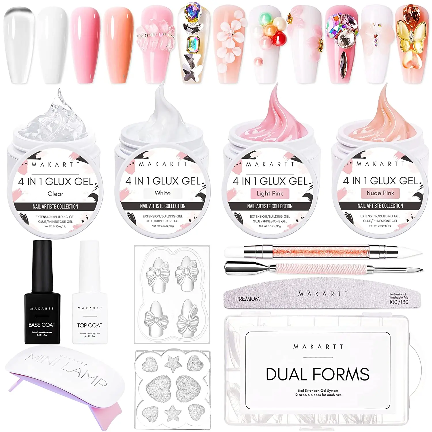Nail Gel Nail Extension Gel Makartt Solid Builder Nail Gel Kit for Nail Extension,All in One Hard Gel Kit with Base Top Coat UV LED Lamp