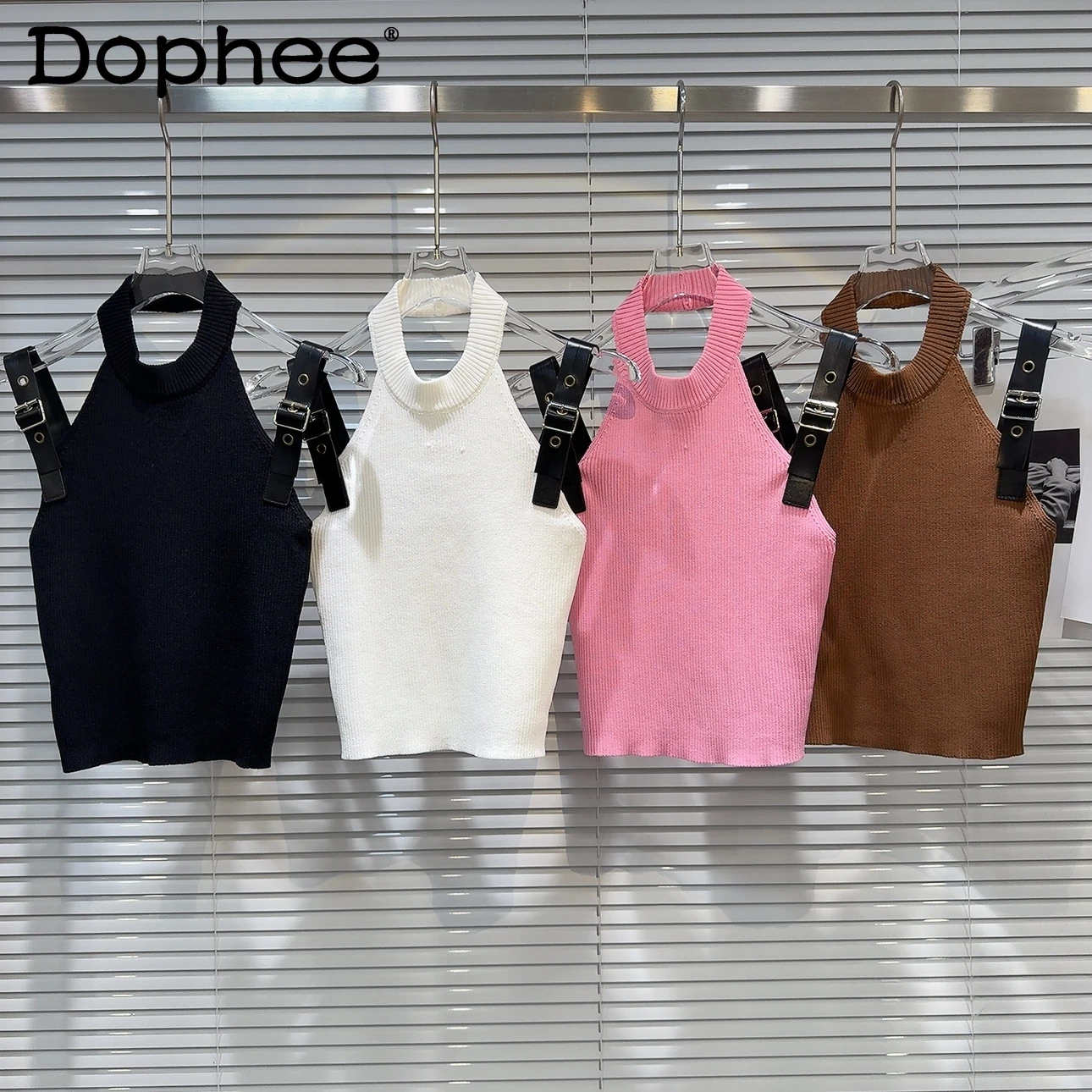 

2024 Spring and Summer Stretch Tank New Elegant Lady PU Leather Shoulder Strap Design Hot Girl Halter Knitted Vest for Women