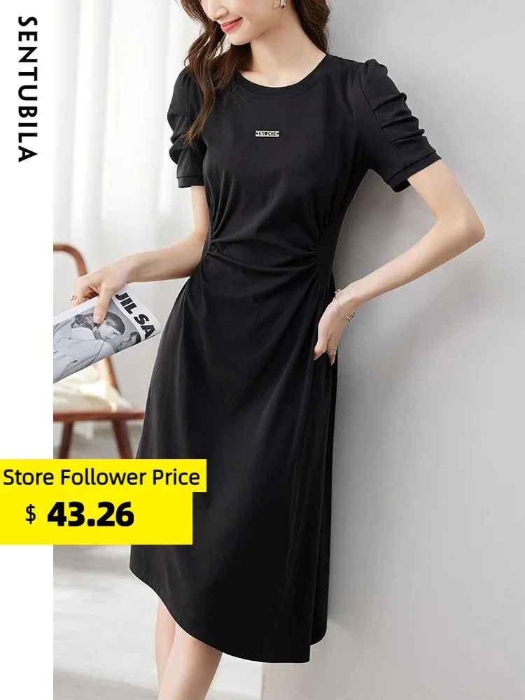

Sentubila Summer Shirring Black Dresses for Women Fashion 2023 Short sleeves Solid Vintage Elegant Bodycon Midi T Shirt Dresses
