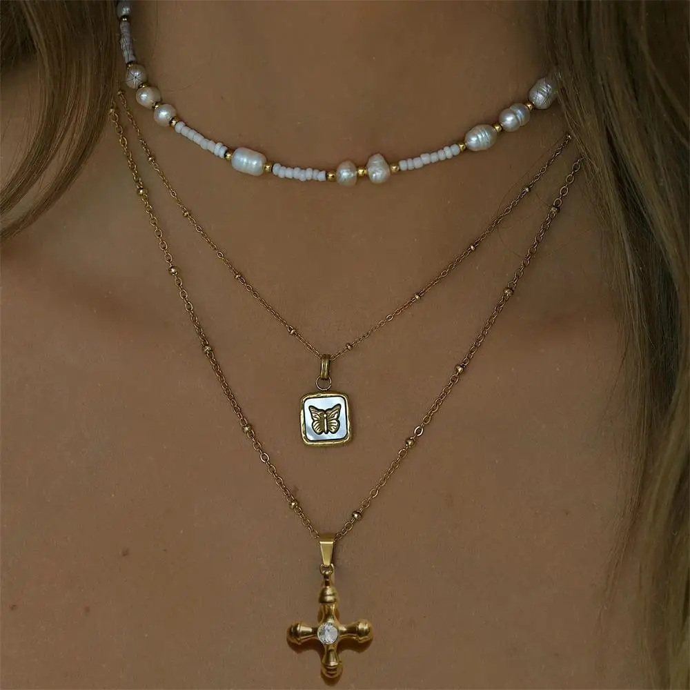 Delicate Thick Cross Pendant Necklace for Women Stainless Steel Sparkling Crystal Round Bead Chain Choker Fashion Jewelry 2025