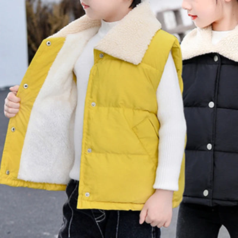 Children Vest New Autumn Winter Sleeveless V-Neck Solid Thickening Casual Vest Baby Velvet Warm Kids Coat Down Cotton Wear out