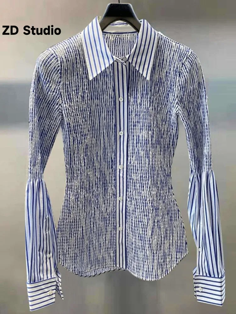 

[ZD Studio] [] 2023 Autumn/Winter New Elastic Pleated Top Slim Fit Design Striped Long Sleeve Shirt For Women
