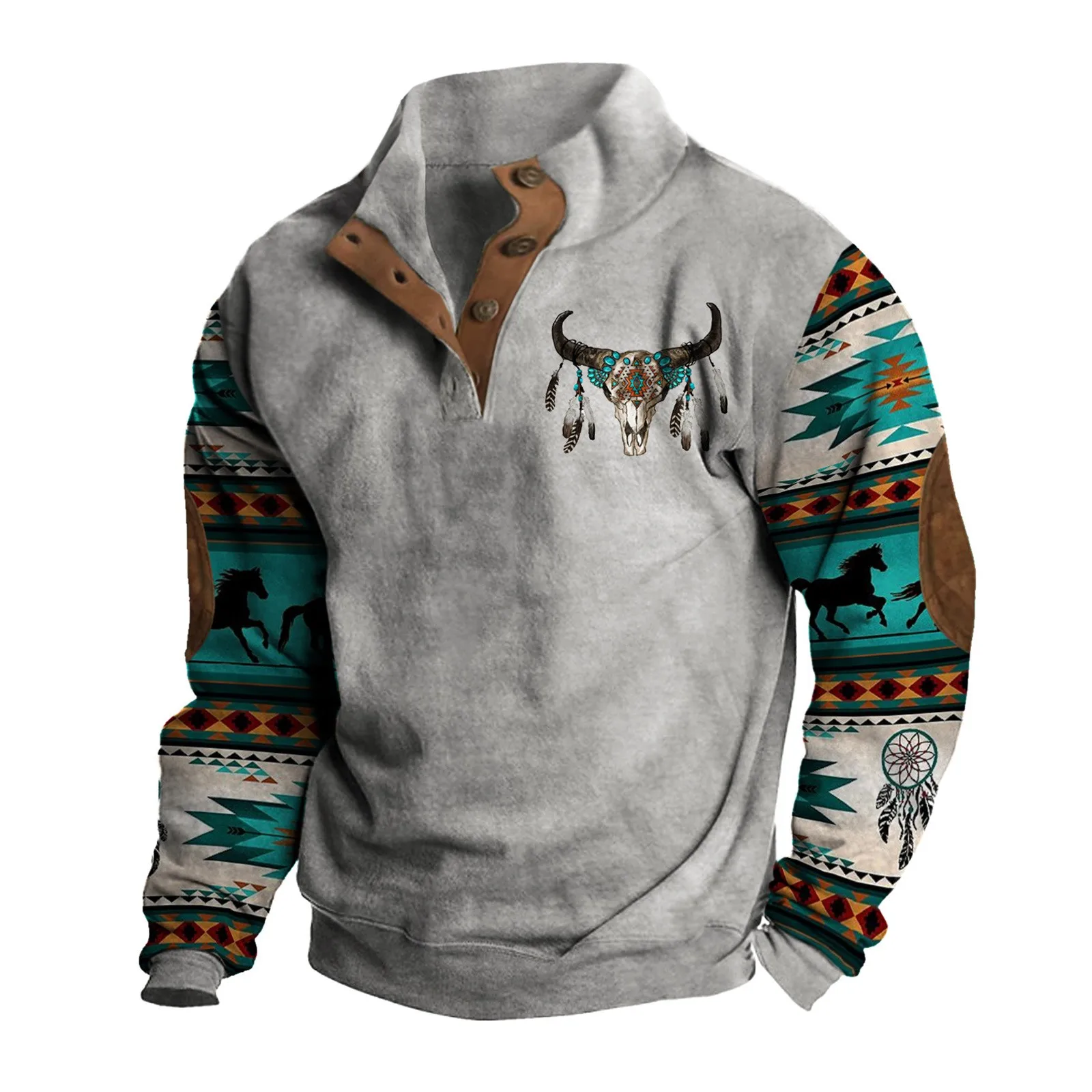 

Spring Button Vintage Hoodie For Men Fashion Retro Ethnic Print Sweatshirt Men ‘s Clothing Casual Pullover Tops 2024