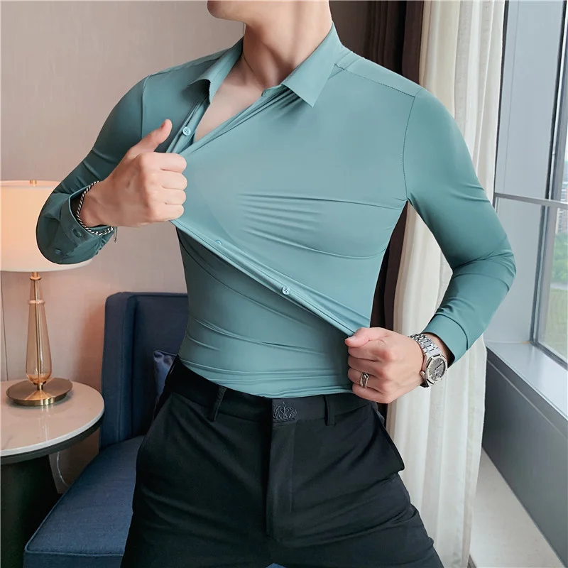 

High Elasticity Seamless Shirts Men Long Sleeve Tops Quality Casual Luxury Slim Shirt Social Formal Button Dress Shirts Man