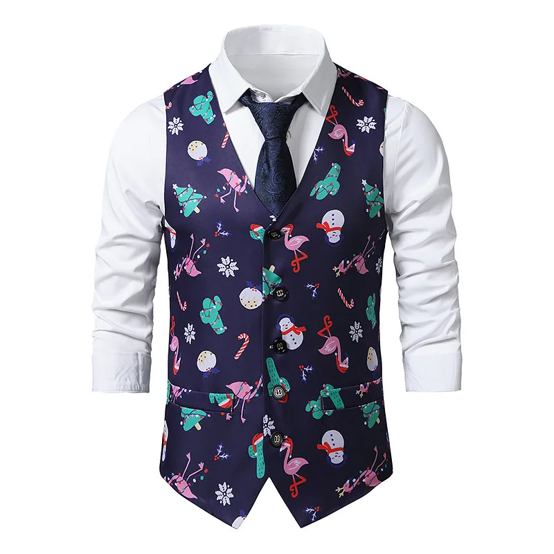 New Men's Christmas Printed Suit Vest Wedding Banquet Party Dress VCollar Fashion Blazer Waistcoat Vest