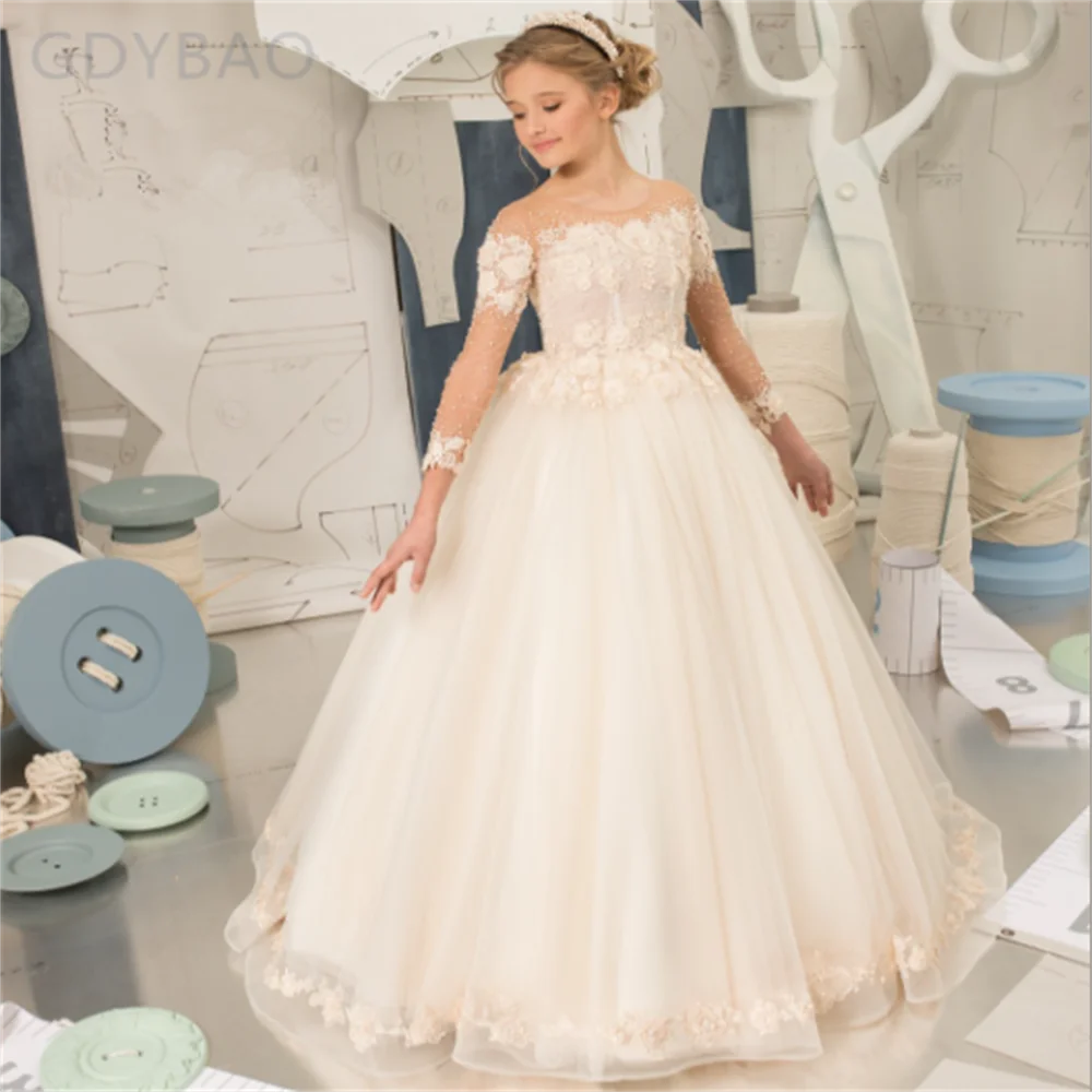 

Flower Girl Dresses Three Quarter Elegant Appliques Lace Up Ball Gowns Pageant Tulle Princess Piano Party Dress