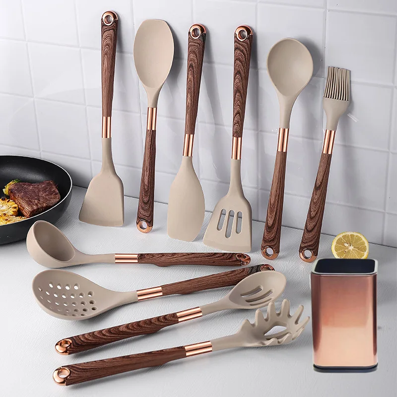

10pcs Quality Silicone Spatula Spoon Kitchen Utensils Set Gold Plated Handle Non-stick Kitchenware Heat Resistant Cooking Tools