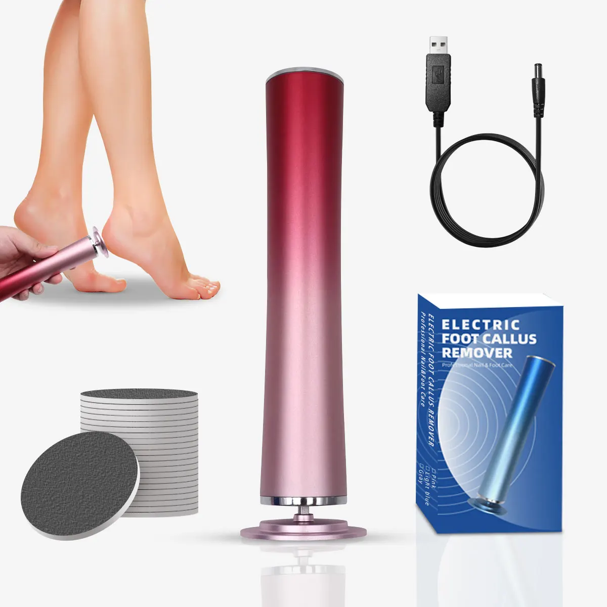 Gradient color 1500 mAh electric foot grinder USB charging electric foot grinder pedicure with 20 replacement sandpaper discs