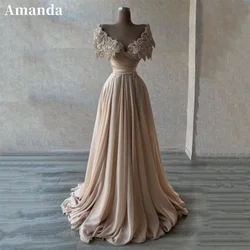 Amanda Sequins Lace Embroidery Prom Dress Elegant Champagne Silk A-line فساتين السهرة Sexy Off Shoulder Vestidos De Noche