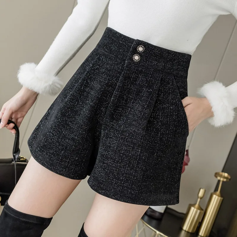 

2023 Women's Autumn Winter New Korean Loose High Waist Shorts Female Pockets Wide Leg Shorts Ladies Casual Pockets Shorts U622