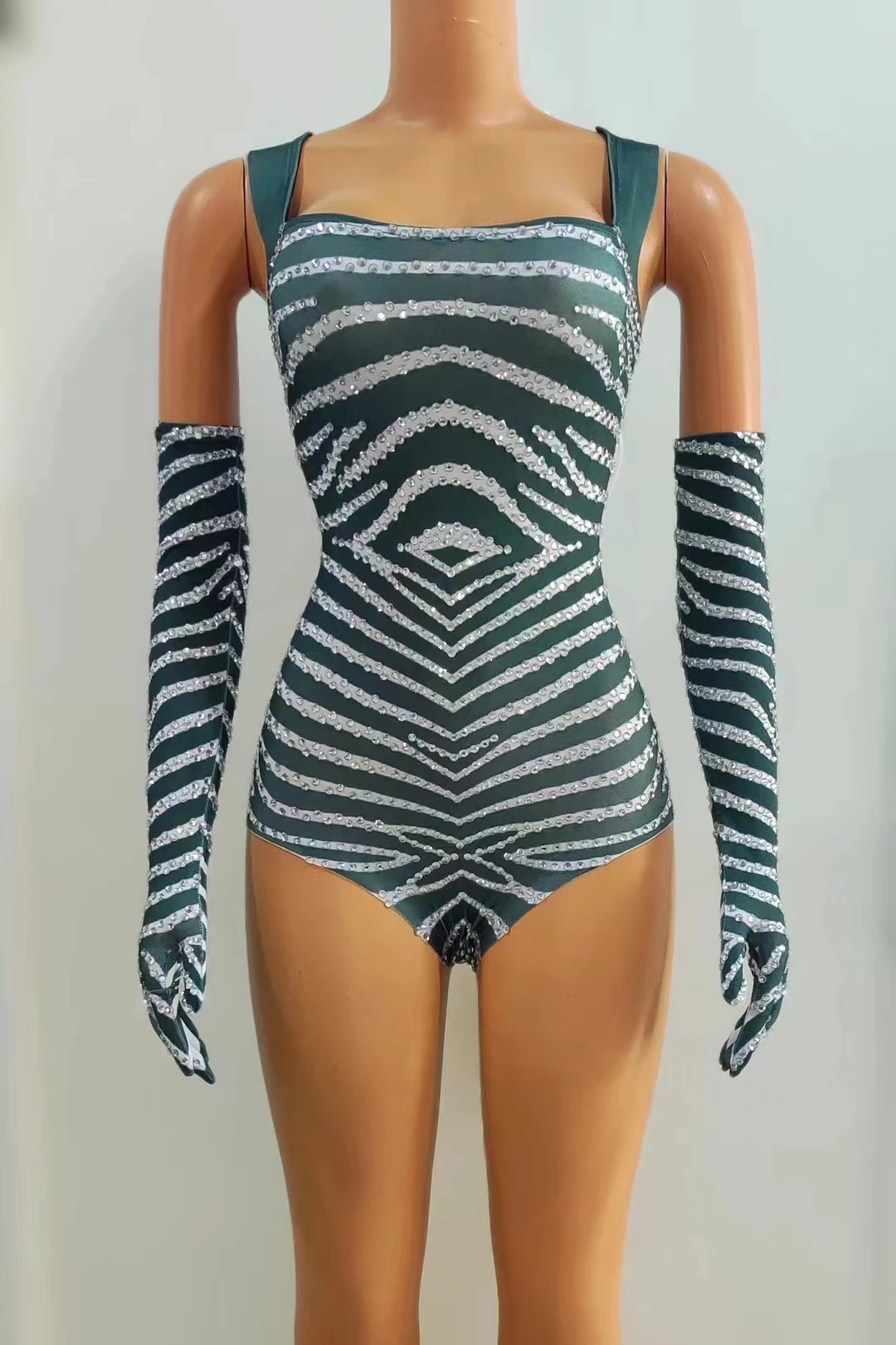 Sparkly Rhinestones Bodysuit Gloves Set folWomen Sexy Performance Dance CostumeNightclub Singer Dancer Show Stage Wear  A468