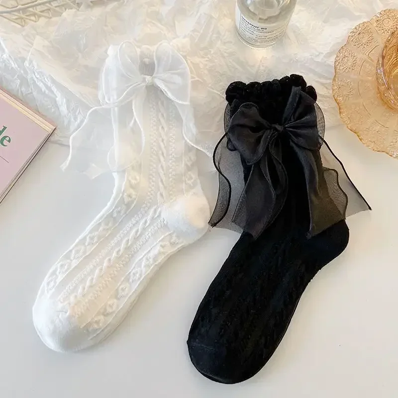 Mid-tube Solid Lace Bow Ruffle Socks Kawaii Lolita Short Socks Cotton Socks JK Japanese Lacework Stockings Women's Stockings
