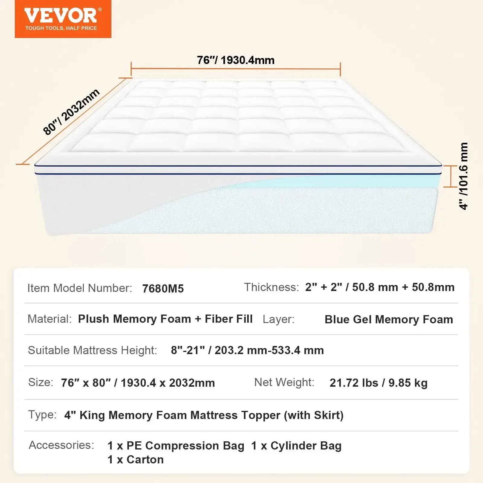 Mattress Topper Premium Memory Foam Fiber Fill King Size 4 in Thickness 6