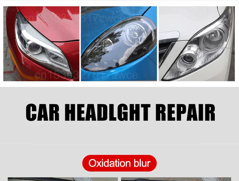 Car headlight restoration polishing kit with cleaning paste and repair tools, designed to refurbish and protect headlamp lenses and car paint surfaces. 3 colors