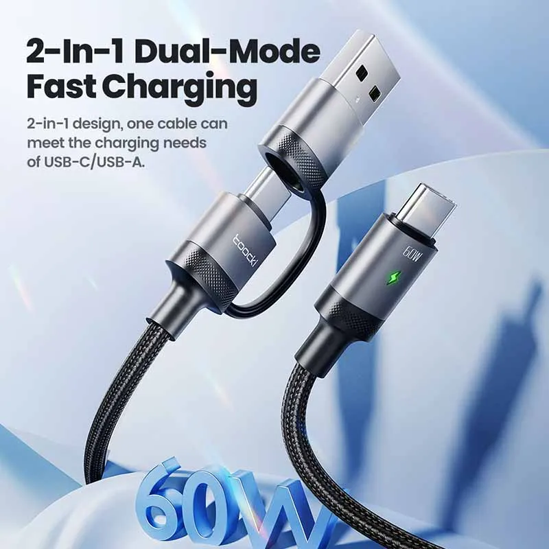 Toocki 2-in-1 USB Type-C Fast Charging Data Cable with PD 60W