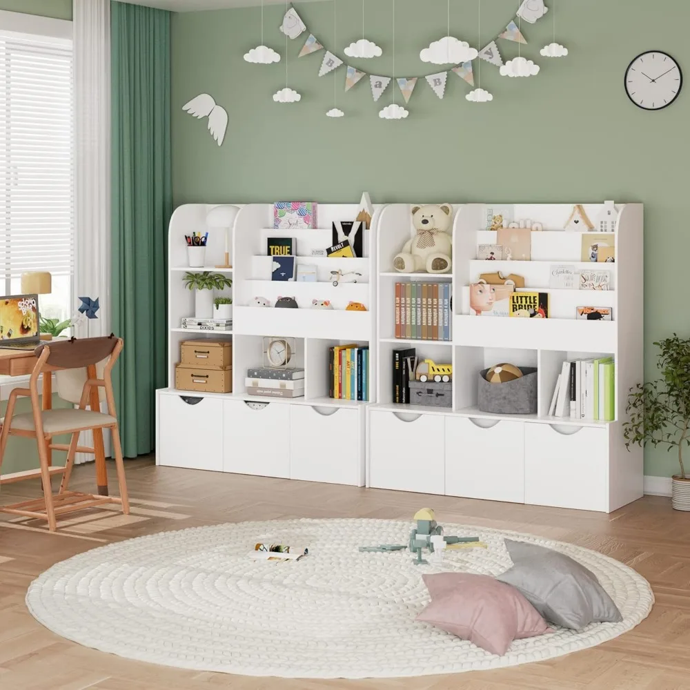 Kids Bookcase and Bookshelf, Multifunctional Bookcase with 5 Storage Cubbies and 3 Movable Drawers, Toy Storage Organizer