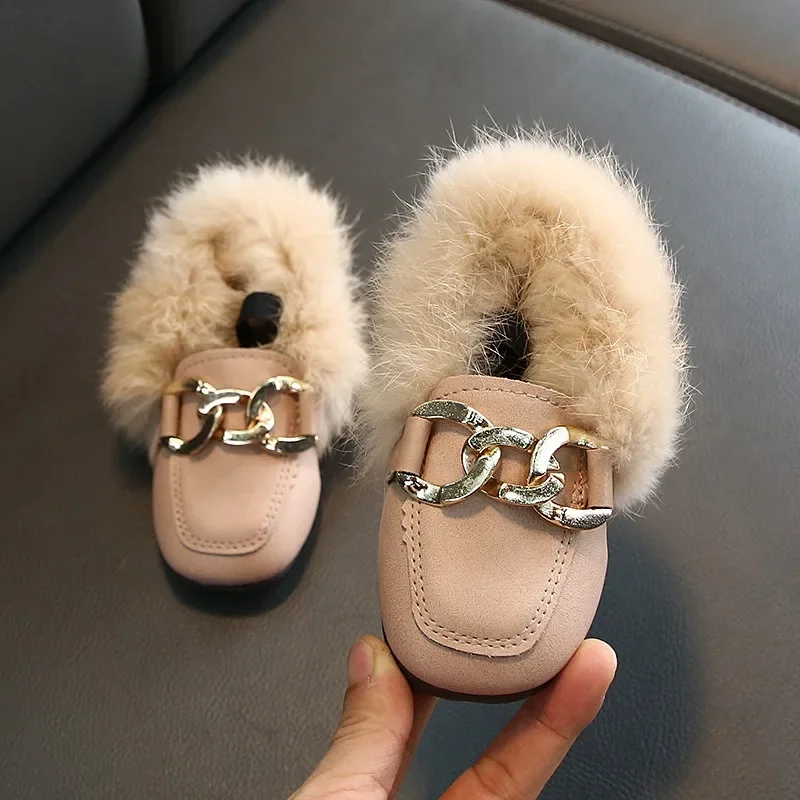 Children Autumn Winter Shoes New Style Girls Keep Warm Cotton Fluffy Fur Shoes Baby Soft Sole Flats Kids Fashion Plush Loafers