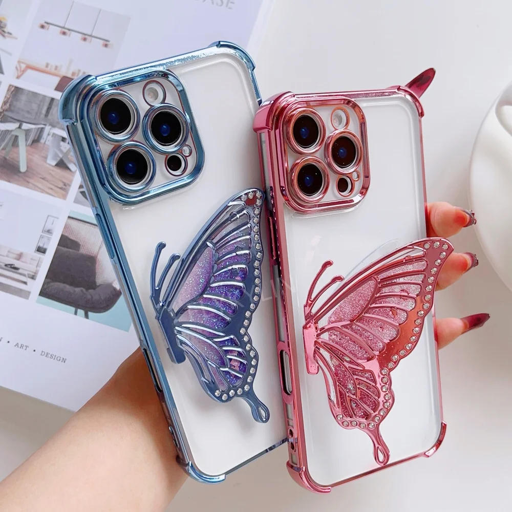 Electroplated Transparent Shiny Butterfly Bracket Phone Case