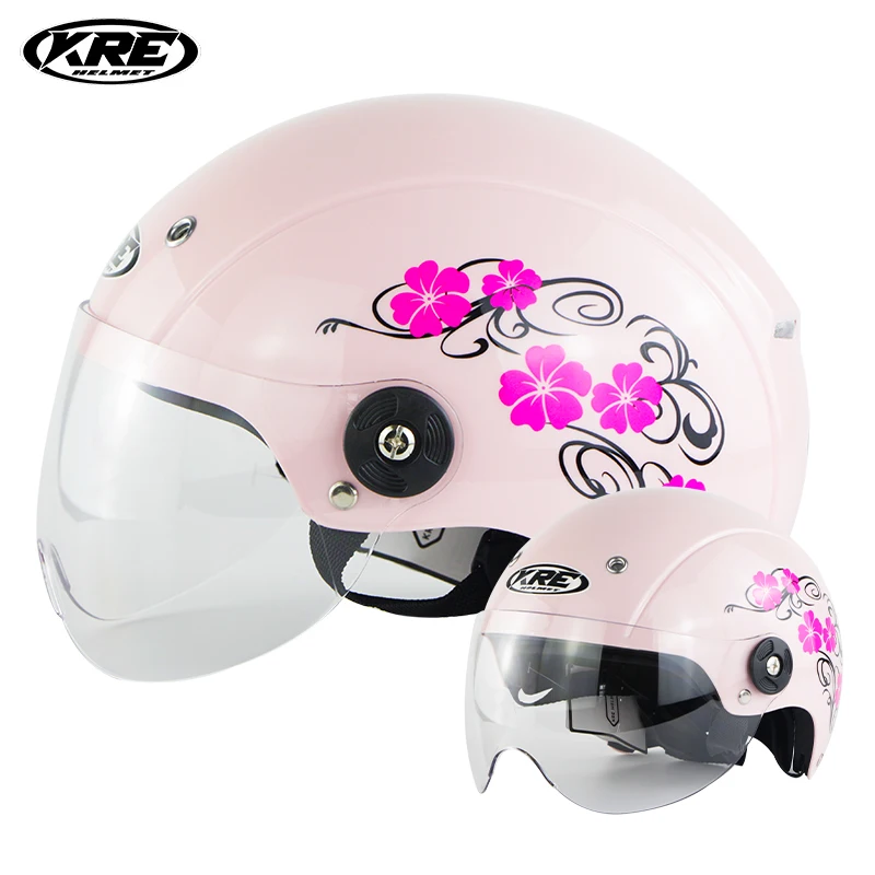 KRE – casque de Moto électrique pour femmes, demi-casque rose, demi-visage,  Vespa, vélo d'été, Scooter électrique