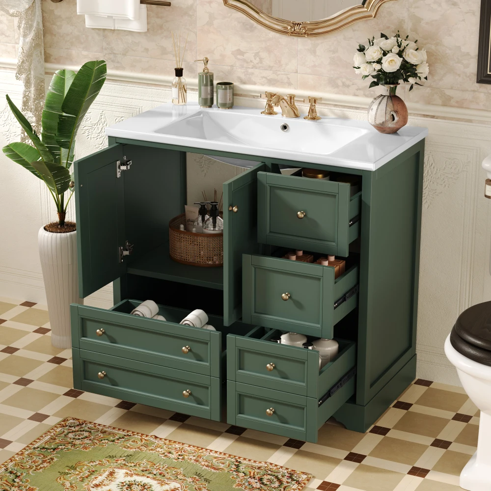 36inch Bathroom Vanity with Sink,  Solid Wood Freestanding Bathroom Vanities with 4 Storage Drawers and Shelf, Soft Closing Door 2