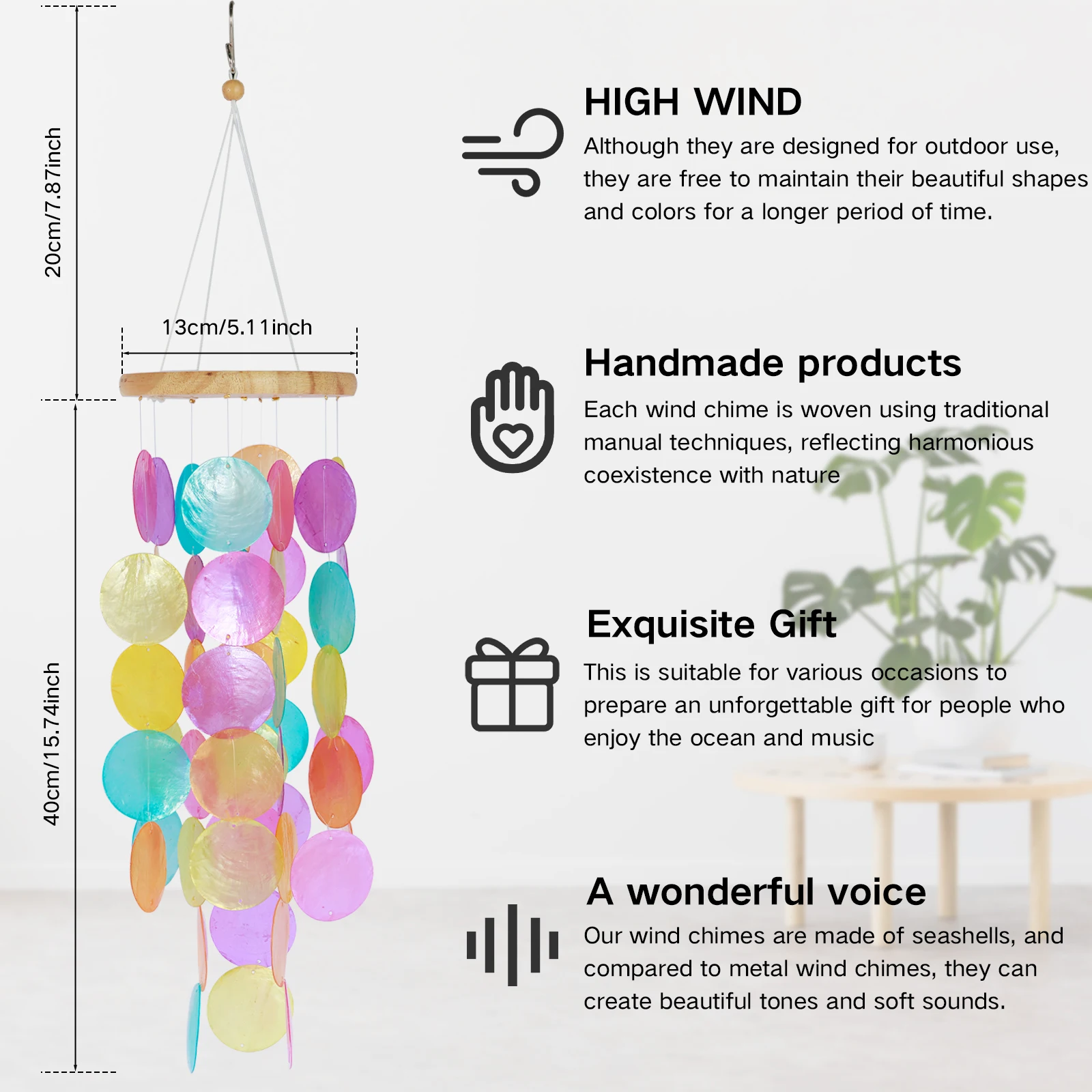 Shell Wind Chimes Hanging Handmade Colorful Shell Wind Chimes Delicate Outdoor Wind Chimes Decoration Lightweight Waterproof