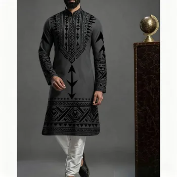 2026 Men Muslim Shirts Patchwork Neck Long Sleeve Vintage Men Clothing Islamic Arabic Casual Male Islamic Clothing Men﻿