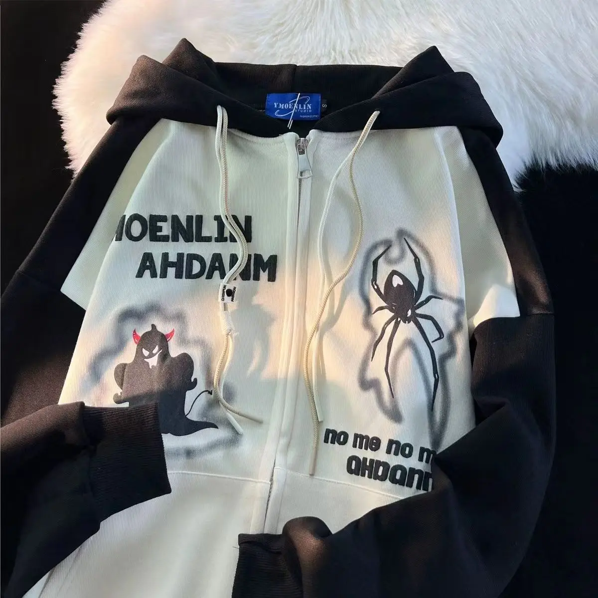 

American Retro Spider Little Devil Color Blocked Sweatshirt for Women Y2K Ins Autumn and Winter Loose Hiphopcouple Hooded Jacket