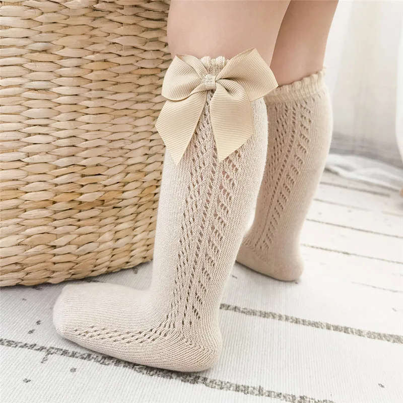 2023 New Kids Knee High Socks Baby Girls Boys Bow Long Sock Soft Cotton Mesh Breathable Children Hollow Out Socken For 0-7 Years 2