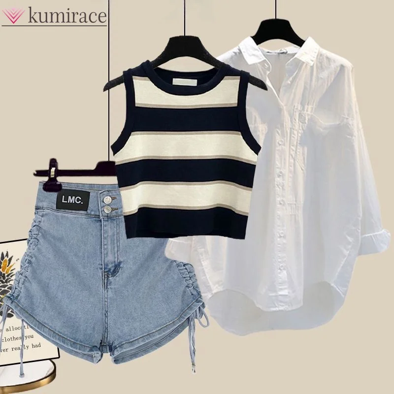 Summer Three Piece Set for Women 2024 New Large Women's Wear Sunscreen Shirt Striped Tank Top Denim Shorts Three Piece Set