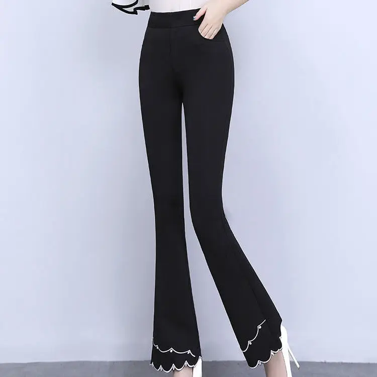 Fashion Elastic High Waist Pockets Embroidery Flare Pants Women's 2023 Autumn Winter Solid Color Office Lady Trousers