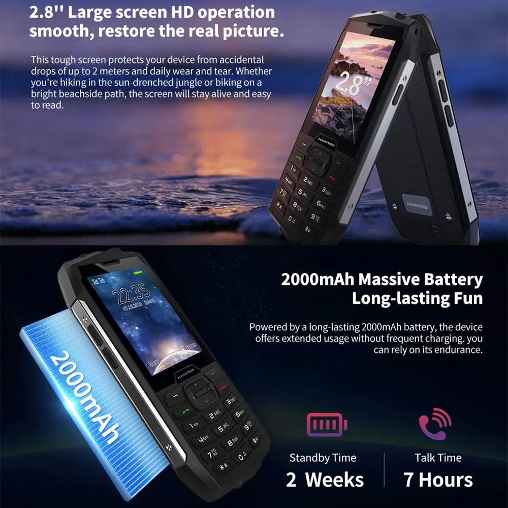 HAMTOD H3 Rugged Phone 2.8 inch T107 ARM CortexTM A7 128MB ROM 48MB RAM Quad-core 1.0GHz 2000mAh Battery 4G VoLTE SOS Cellphone
