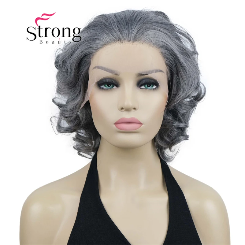 

StrongBeauty Lace Front Wig Natural Looking Short Curly Dark Grey High Heat Ok Front Lace Synthetic Wig