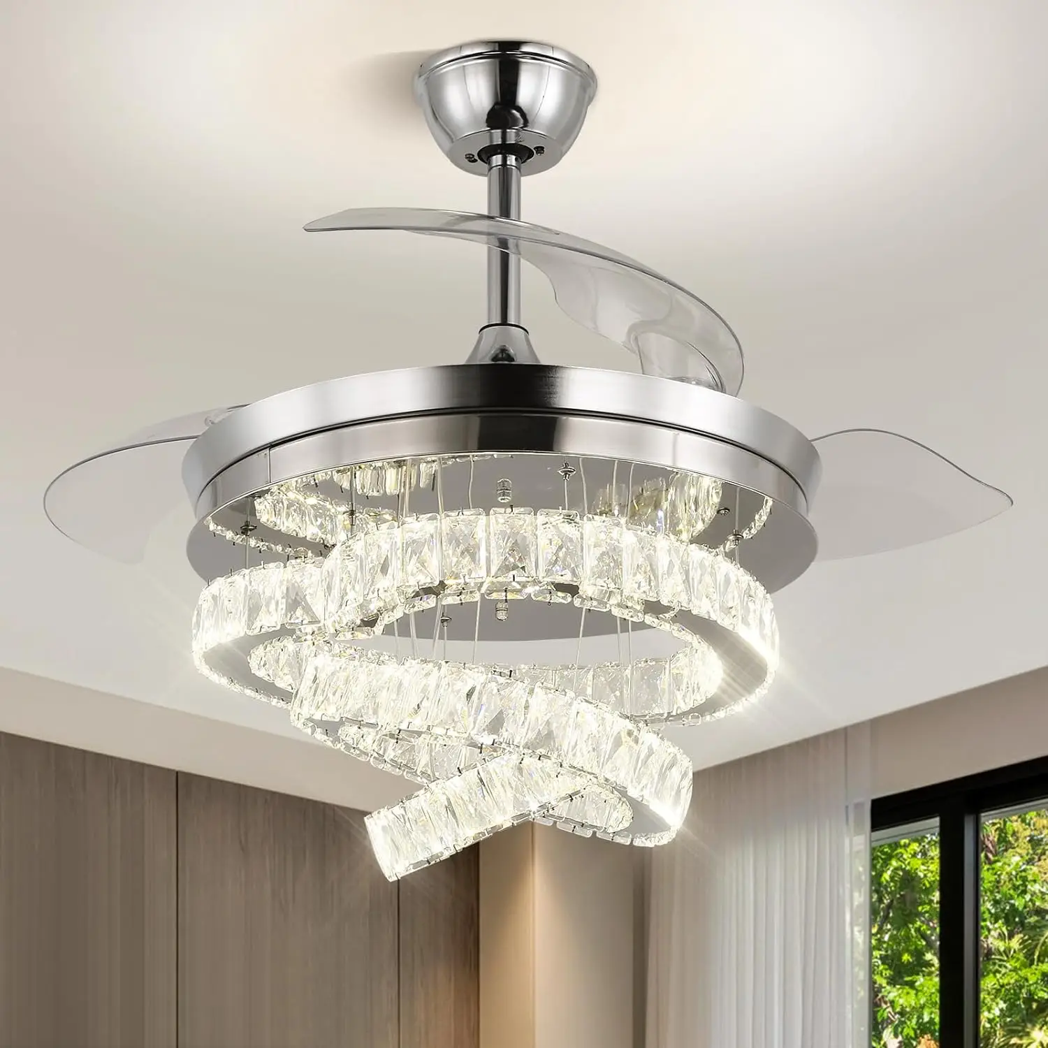 

42″ Modern Crystal Chandelier Ceiling Fan LED Fandelier Ceiling Fan with Lights and Remote, 6-Speed for Bedroom Living Room