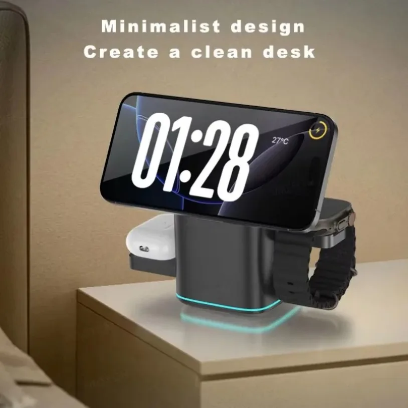 3 in 1 Electric Rotation Magnetic Wireless Charger LED Breathing Light For Magsafe iPhone 16 15 14 13 12 Apple Watch AirPods Pro