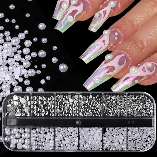 Mix Size White Nail Pearls 3d Micro Beads Half Pearls Nail Art Decorations  Tiny AB Crystal Rhinestones DIY Manicure Supply