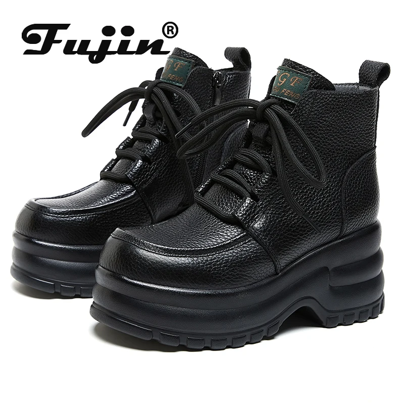 

Fujin 7cm Motorcycle Mid Calf Booties Ankle Woman Punk High Top Shoes New Natural Genuine Leather Autumn Boots Wedge Thick Sole