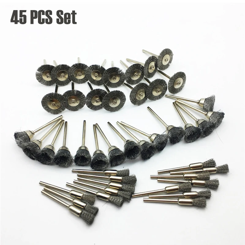 45 PCS Steel Wire Brush Set 3mm Round Shank T/ Pen Type for Metal Play Rust Paint Removal Polishing Rotating Tool Accessories