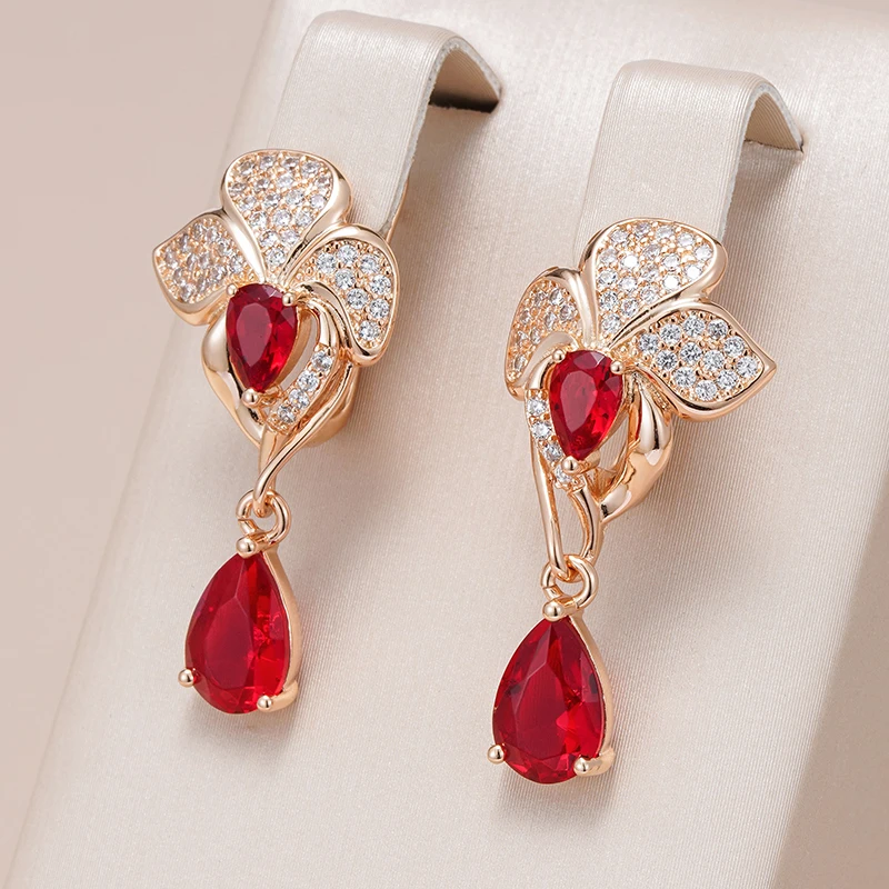 Kinel Luxury Red Natural Zircone Flower Orecchini Pendenti Lunghi Per Le Donne 585 Rose Gold Color Vintage Flower Wedding Fine Jewelry