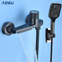 Gray Waterfall Bathtub Faucet With Hand Shower Brass Chrome Wall Mounted Bathroom Shower Mixer Tap Full Shower system Set 1
