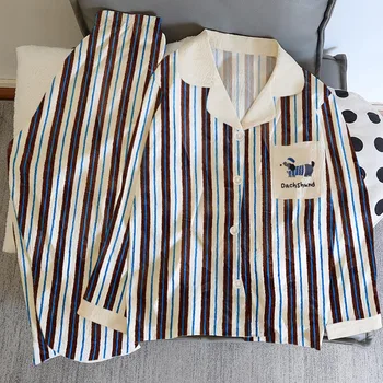 الكورية نمط مخطط رسالة الكلب منامة مجموعة أزياء الخريف الشتاء خمر 2 قطعة مجموعة المتسكعون جديد طويل الأكمام التلبيب الرقبة منامة