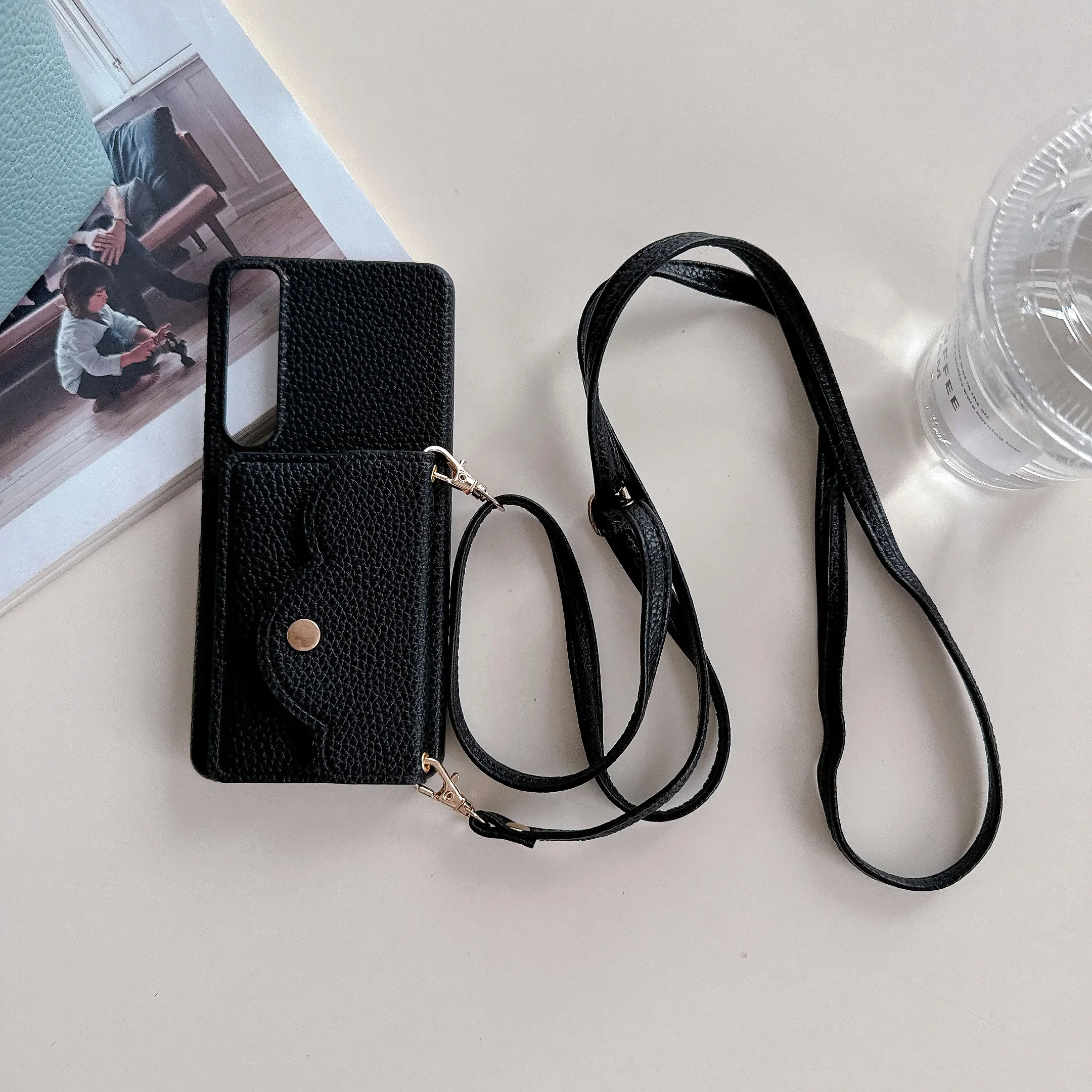 Leather Crossbody Card Holder Wallet with Lanyard Strap and Neckband