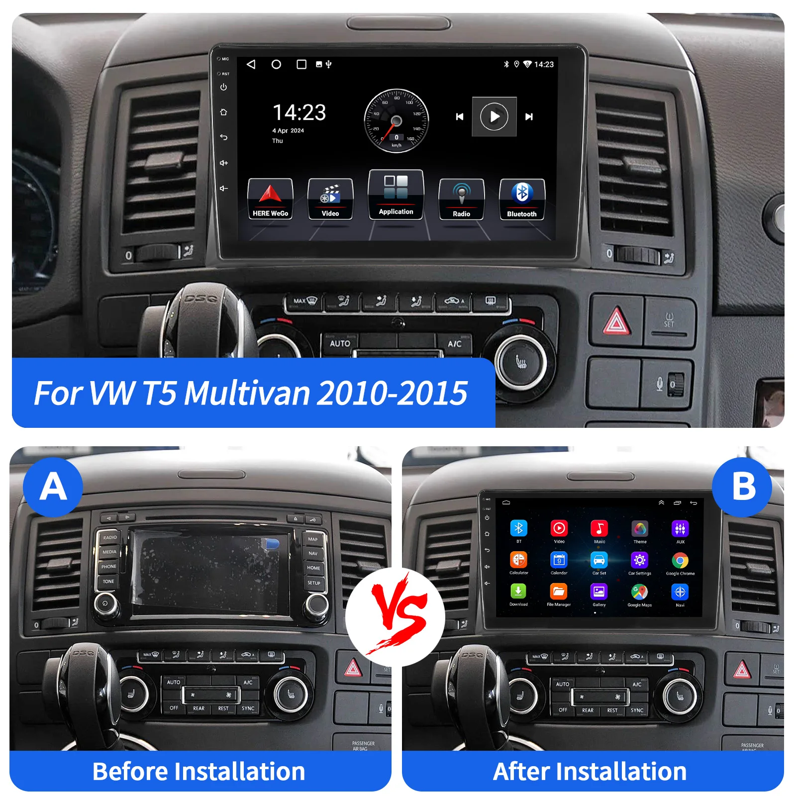 ESSGOO Android 15 Autoradio 9" IPS Touchscreen GPS Navigation für VW T5 Multivan 2010-2015 Lenkradsteuerung Bluetooth FM WIFI RDS USB Mirror Link Wireless CarPlay Android Auto Multimedia-Videoplayer – Detail 6