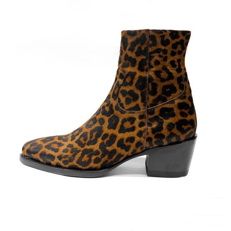 British Style Leopard Printed Genuine Leather Men's Ankle Boots Brown Zipper Business Men Boots Zapatos Para Moto Hombre