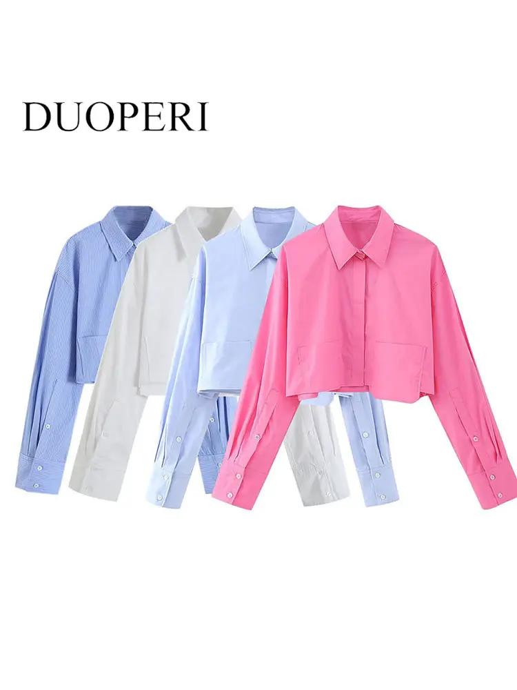 

DUOPERI Women Fashion With Pockets Solid Single Breasted Cropped Blouse Vintage Lapel Neck Female Chic Lady Shirts