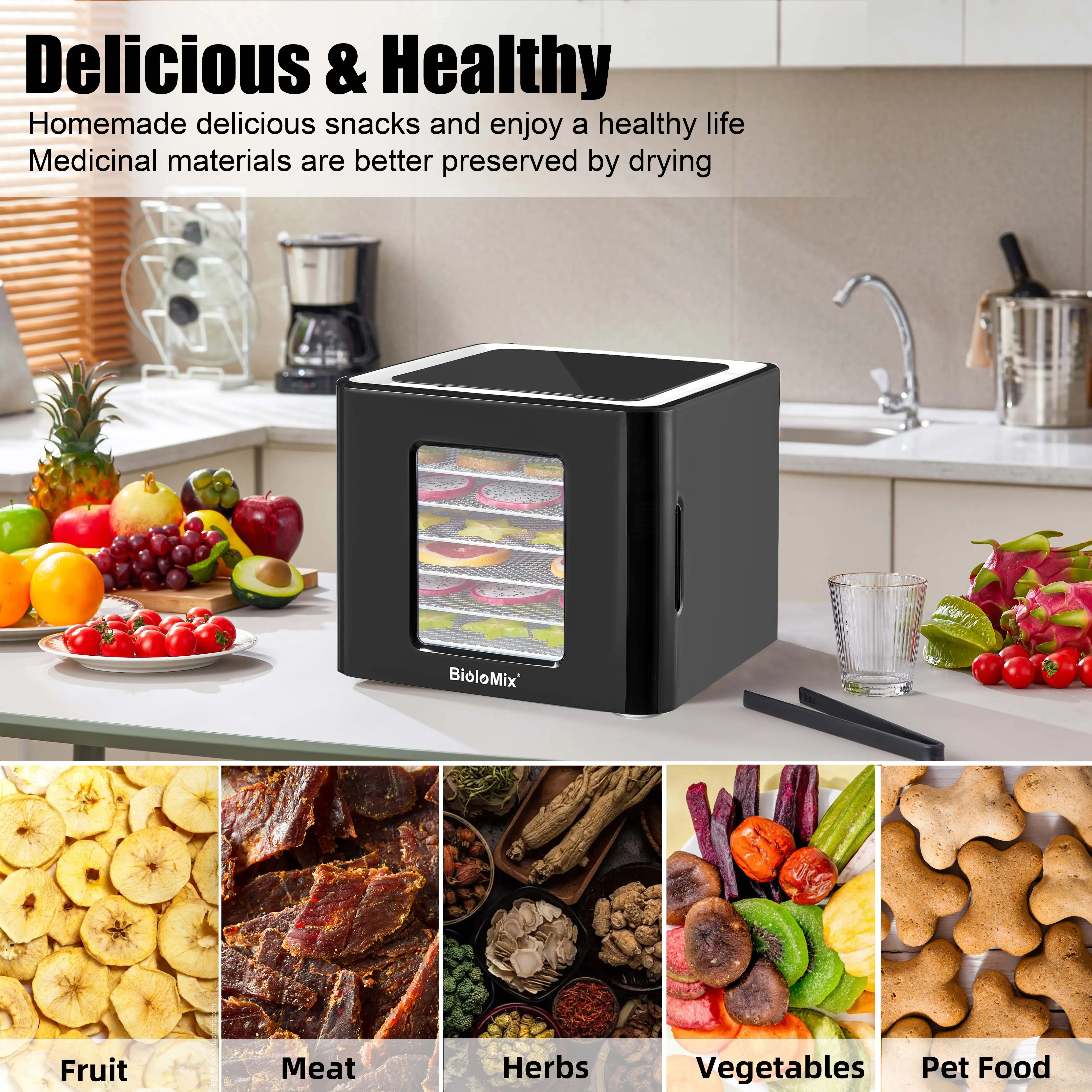 Déshydrateur Alimentaire Biolomix BD1210, 400W, 6 Plateaux Inox, écran Tactile LCD, Noir, Neuf