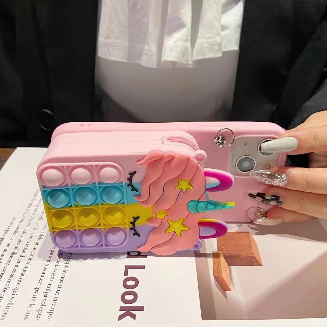Unicorn 3D Cartoon Zipper Wallet Phone Case with Lanyard Strap and Bubble Design