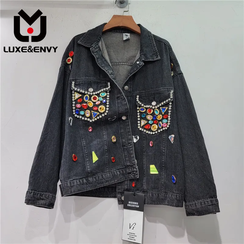 

LUXE&ENVY European New Heavy Industry Colorful Diamond Studded Beads Loose And Slim Long Sleeve Denim Coat2023 Autumn