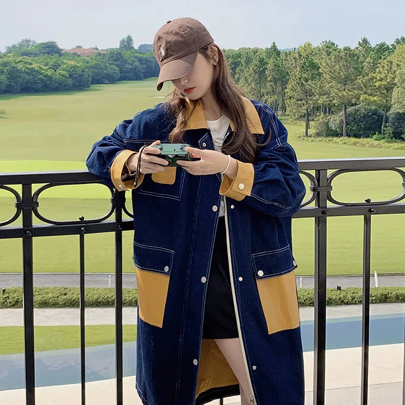 

Тренчкот женский джинсовый из экокожи, модная уличная одежда свободного покроя в стиле хип-хоп, Повседневная Длинная ветровка для девушек, 2023, весна 2809