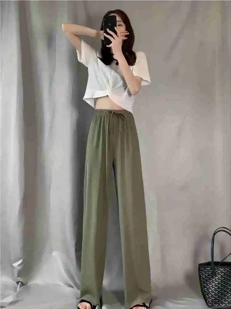 Spring Ice Silk Urban Casual High Waist Trousers easiest for match Wide Leg Pants straight-leg Korean Style loose Pants